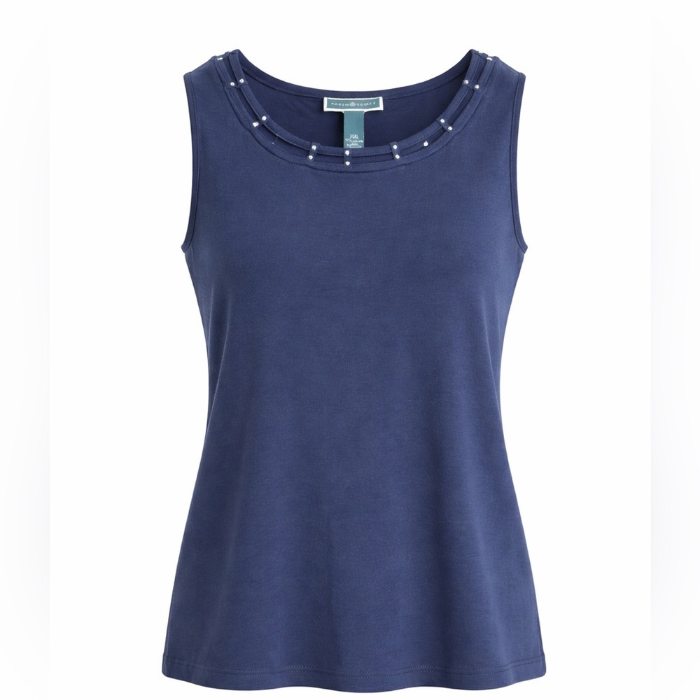 Karen Scott Navy Rhinestone Neck Sleeveless Top XXL Stretch Cotton Knit Blouse
